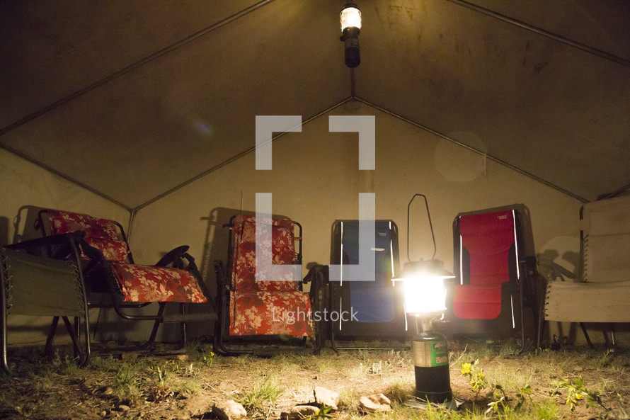 a glowing lantern in a tent
