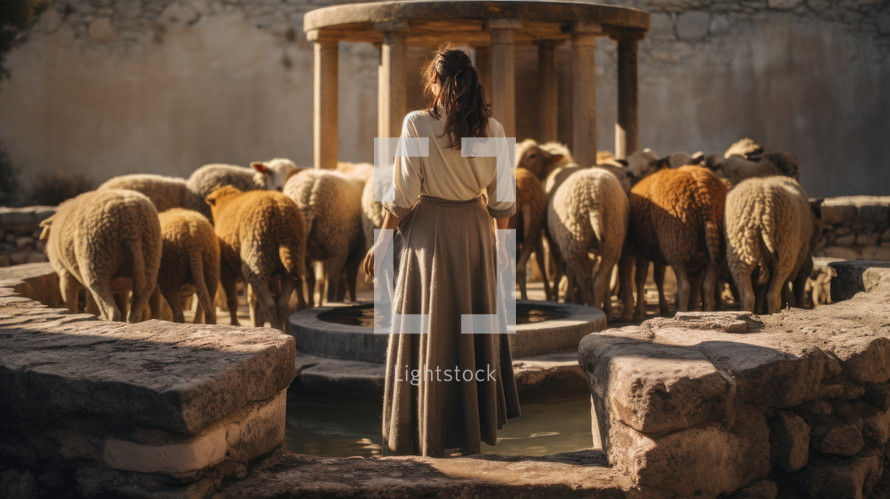 The Samaritan woman at the well, taking care of the sheep.