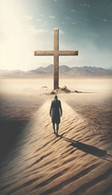 Person walking in the dessert to a cross