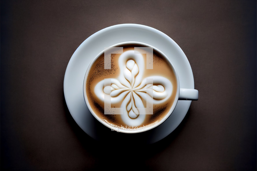 A close up top down shot of a cross in the form of latte art.
