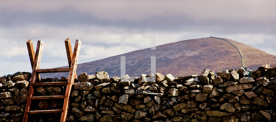 wood ladder going over a dividing wall, ireland, rustic, majestic, mountain, climbing, 