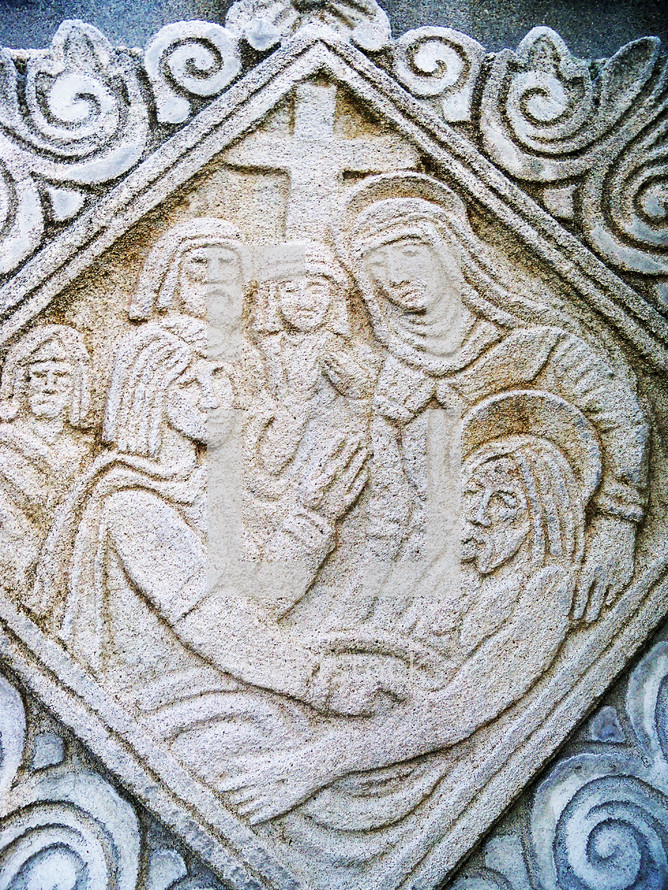 A carved stone and sand relief of Jesus being taken off the cross and surrounded by his followers, disciples and his mother, Mary. When we read about the crucifixion and death of Jesus, it is a piece of history that has changed the world over and hard to imagine being there so we rely on artists, craftsman and sculptures to retell the story to bring scripture to life so that seeing is believing. The artist does their part to bring us back in time to be there in person through art. As long as hearts are changed by the gospel, then the creative work has accomplished its goal which is to bring scripture alive to us today who can witness the emotion, the drama and the reality of the gospel and feel a part of what it must have been like to witness that moment when Jesus was taken off the cross and buried by His disciples, family, friends and followers. We know the story has a happy ending and that is the beautiful thing. To be able to bring scripture to life to those who think the bible is an old and irrelevant book is a challenging task but one that is worth taking up and even be persecuted for. if we can lead one soul to Christ through the spreading of Gods world through art and imagery, then we have allowed God to work through us to bring others to Him. And that is the beauty of knowing Jesus. 