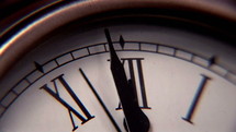 Extreme close-up view of a clock at the last 3 seconds to midnight.