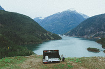 camping stove and view of a lake 