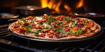 Pizza with tomatoes, mozzarella and arugula in the oven