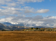 field and snow capped mountains 