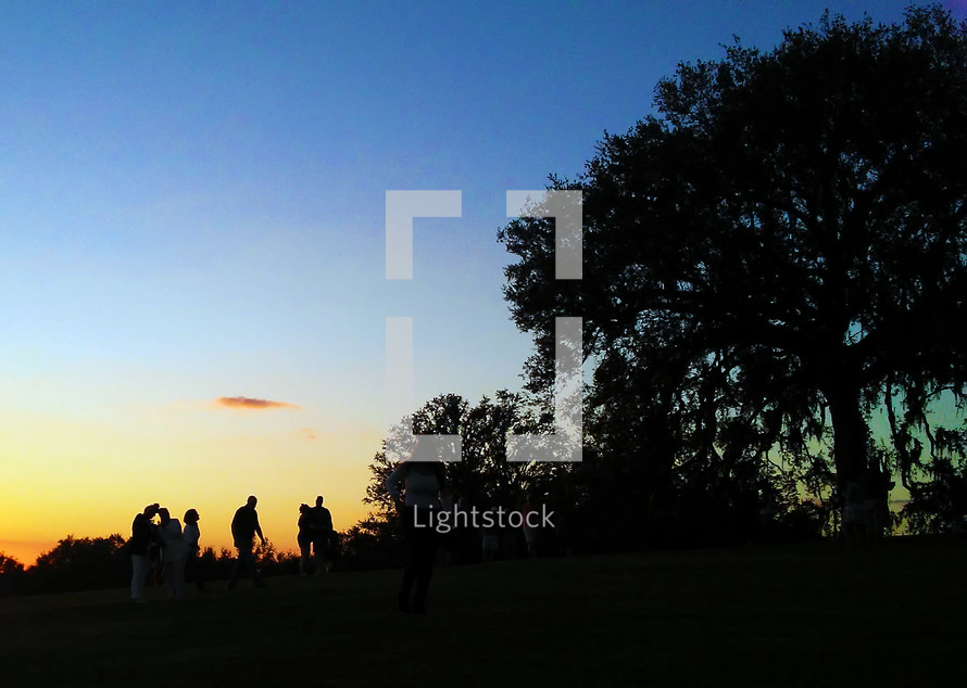 silhouettes of people standing outdoors at sunset gathered together to enjoy the sun setting, great outdoors and enjoy some recreation time outdoors among the trees and nature. 