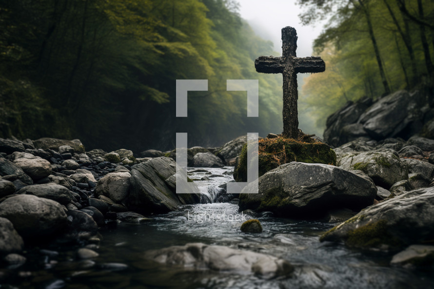 A rugged ancient cross next to a river with water streaming downhill.