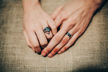 bride and groom's hands with wedding bands 