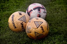 soccer balls in the grass 