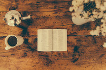 An open Bible and a cup of coffee on a rustic wooden surface.