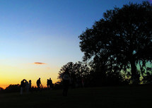 silhouettes of people standing outdoors at sunset gathered together to enjoy the sun setting, great outdoors and enjoy some recreation time outdoors among the trees and nature. 