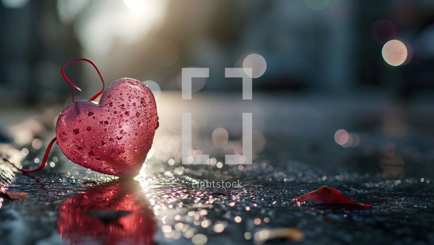Heart on wet asphalt with bokeh background. Valentine's day concept