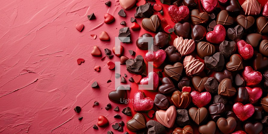 Chocolate candies in heart shape on red background. Valentines day concept.