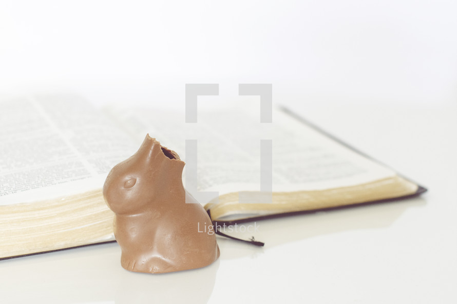 chocolate Easter bunny and opened Bible 