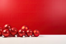 Red christmas baubles on a red background with copy space