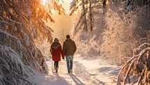 Couple walking in the winter forest at sunset.