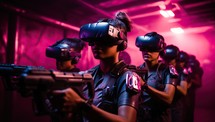 woman playing virtual reality game with her friends
