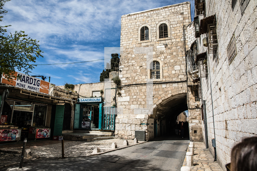 mini market and street tunnel in Jerusalem 