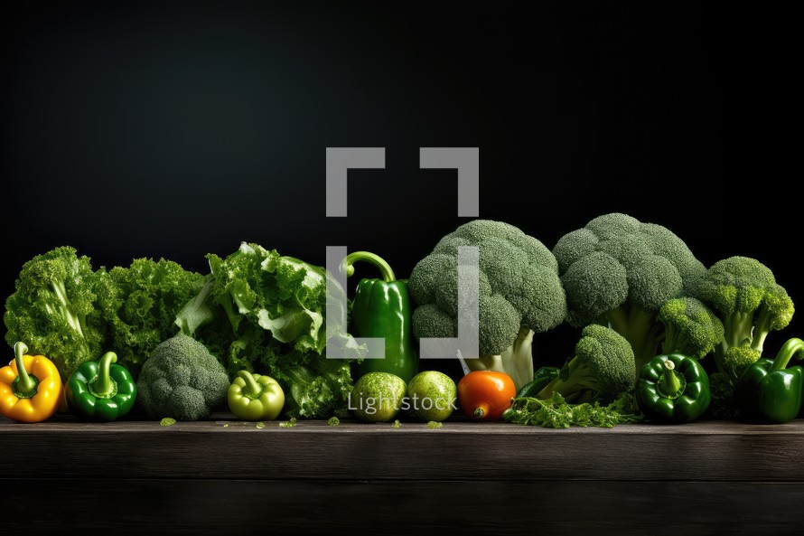 Fresh vegetables on wooden table. Healthy food concept. 3D Rendering