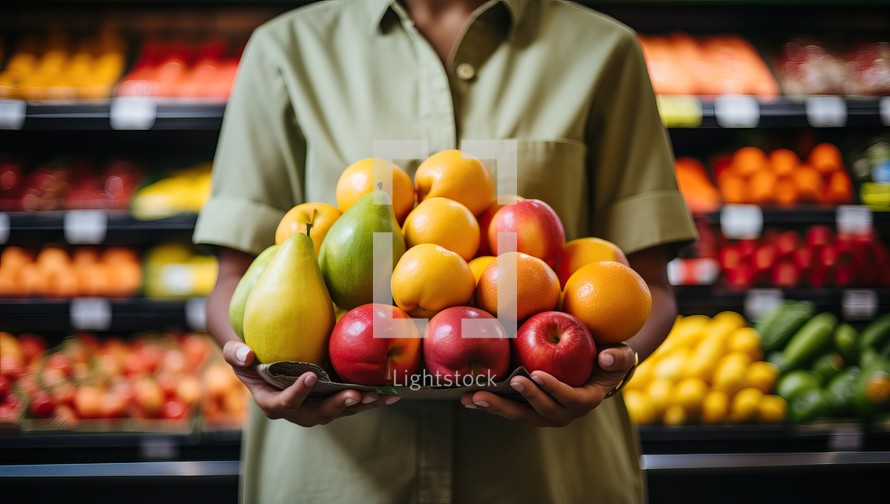 Mid section of man holding fruits in grocery store against shelves with fruits