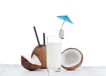 Coconut milk, summer drink on white background