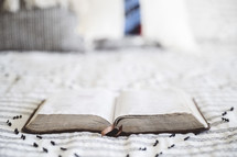 open BIble on a bed 