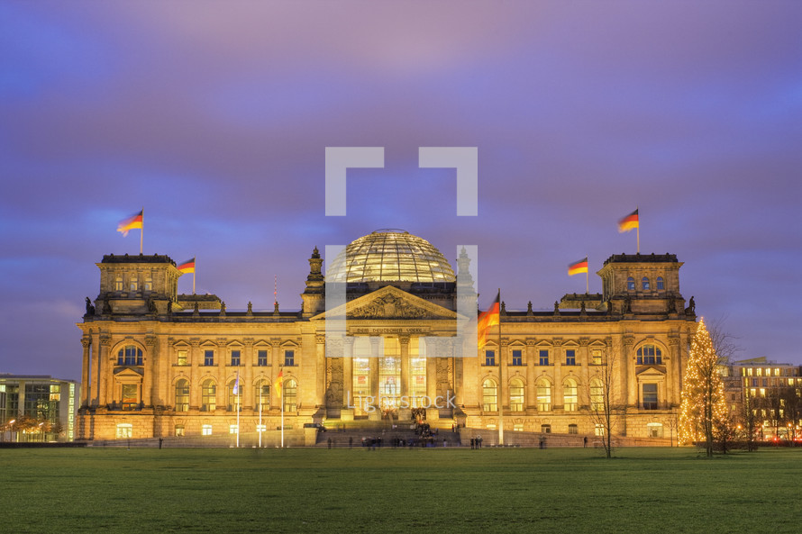 The front of the Reichstag at dusk, Berlin. Germany.