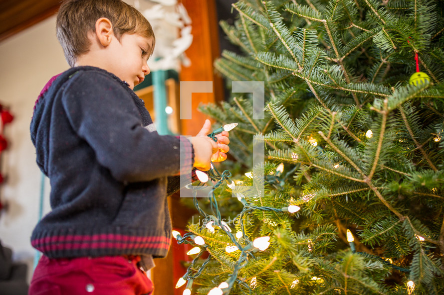 a boy decorating a Christmas tree 