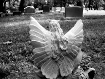A Female Guardian Angel with wings spread out watching over a grave in a local cemetery captured in this black and white photograph. 

