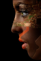 computer motherboard on a woman's face
