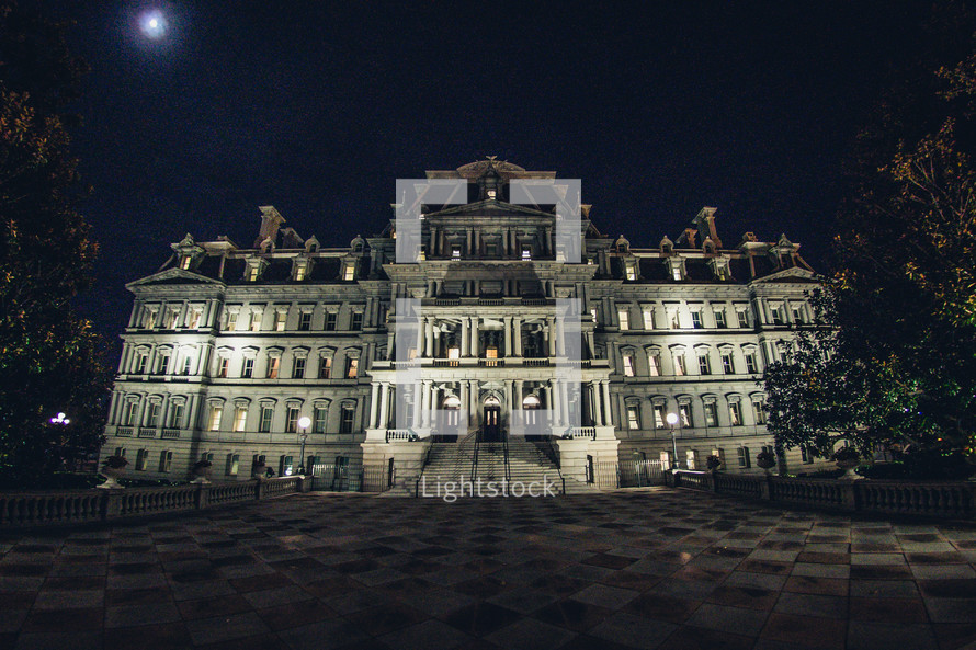 palace entrance at night 
