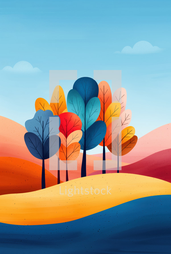 Stylized pop art landscape featuring vibrant autumn trees with colorful leaves against a backdrop of rolling hills and a clear blue sky, capturing the essence of fall.