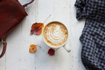 bag, fall scarf, and fall latte 