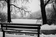 snow and ice on a park bench 