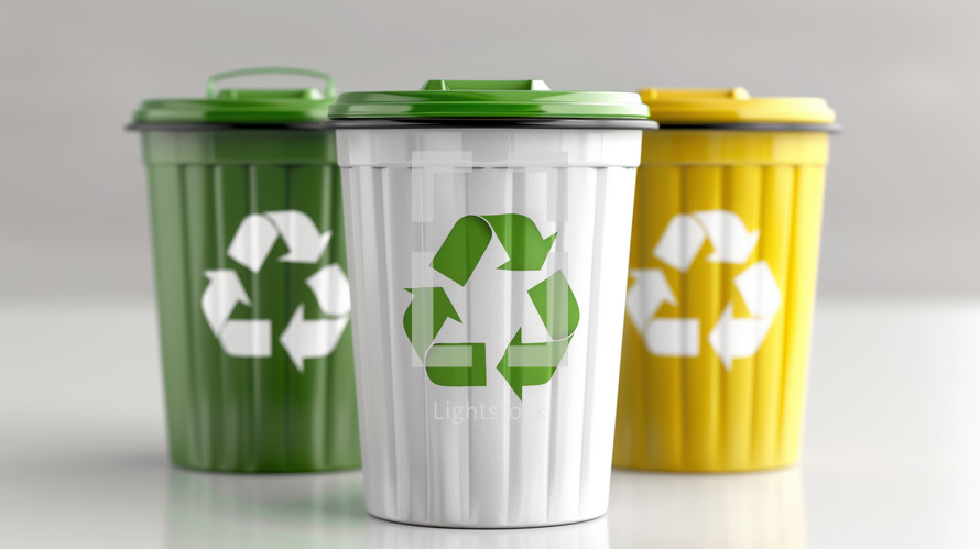 Three recycling bins in green, white, and yellow, each with prominent recycling symbols. Ideal for promoting environmental responsibility and recycling efforts.