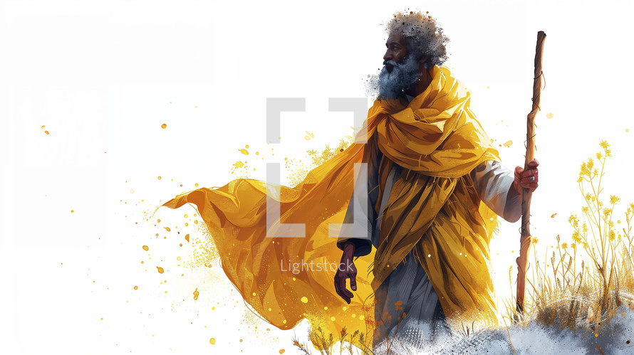 A majestic depiction of a figure resembling the biblical Moses, with a flowing golden cloak and staff, standing confidently in a painted style.