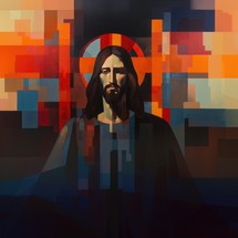 Jesus Christ with cross in abstract background. Vector illustration. Jesus Christ.