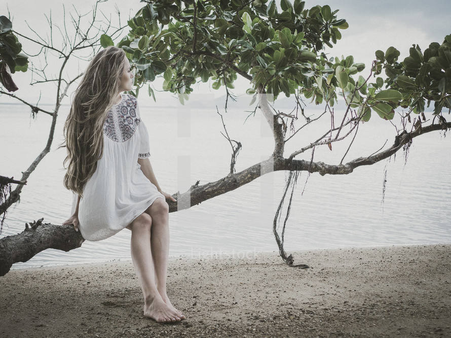 Woman sitting on tree by the beach