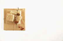 gift box wrapped with twine and pine cones 