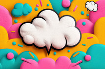 Playful pop art design featuring a large white speech bubble cloud in the center, surrounded by colorful abstract shapes in vibrant pink, yellow, and teal.