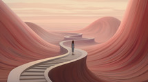 Surreal image of a woman walking down a winding path.