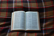 an open Bible on a plaid blanket 