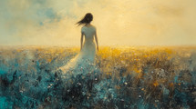 Atmospheric oil painting depicting a young woman gazing into the horizon across a field at sunset, with a dreamy, golden glow.