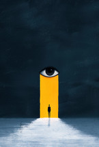 A lone figure stands before an illuminated eye in a dark abstract background, symbolizing divine presence, guidance, and spiritual awareness in a Christian context.