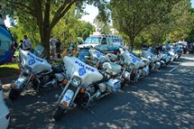 row of parked police motorcycles 