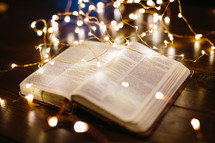 fairy lights on a Bible 