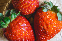 Fresh strawberries decorated on a straw hat. on a red picnic blanket.