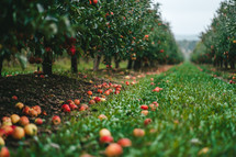 Amazing green apple trees garden. Ripe red fruits, organic food, agricultural concept. High quality photo
