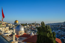 Flag and Dome of the Rock in Jerusalem at Sunset